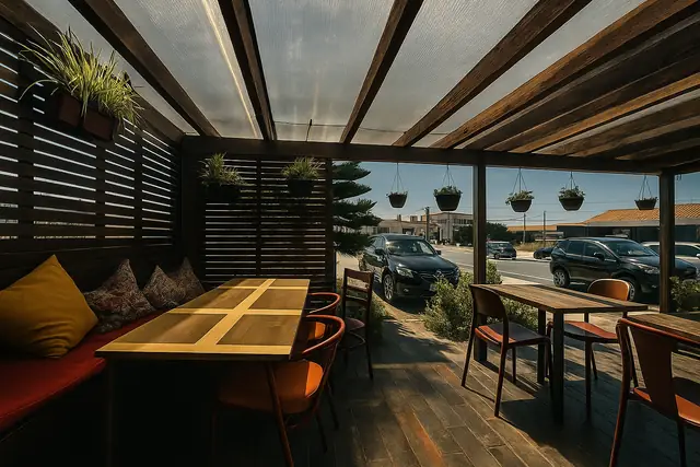 The covered terrace under a wooden pergola, with cushions on a long bench and tables by the road